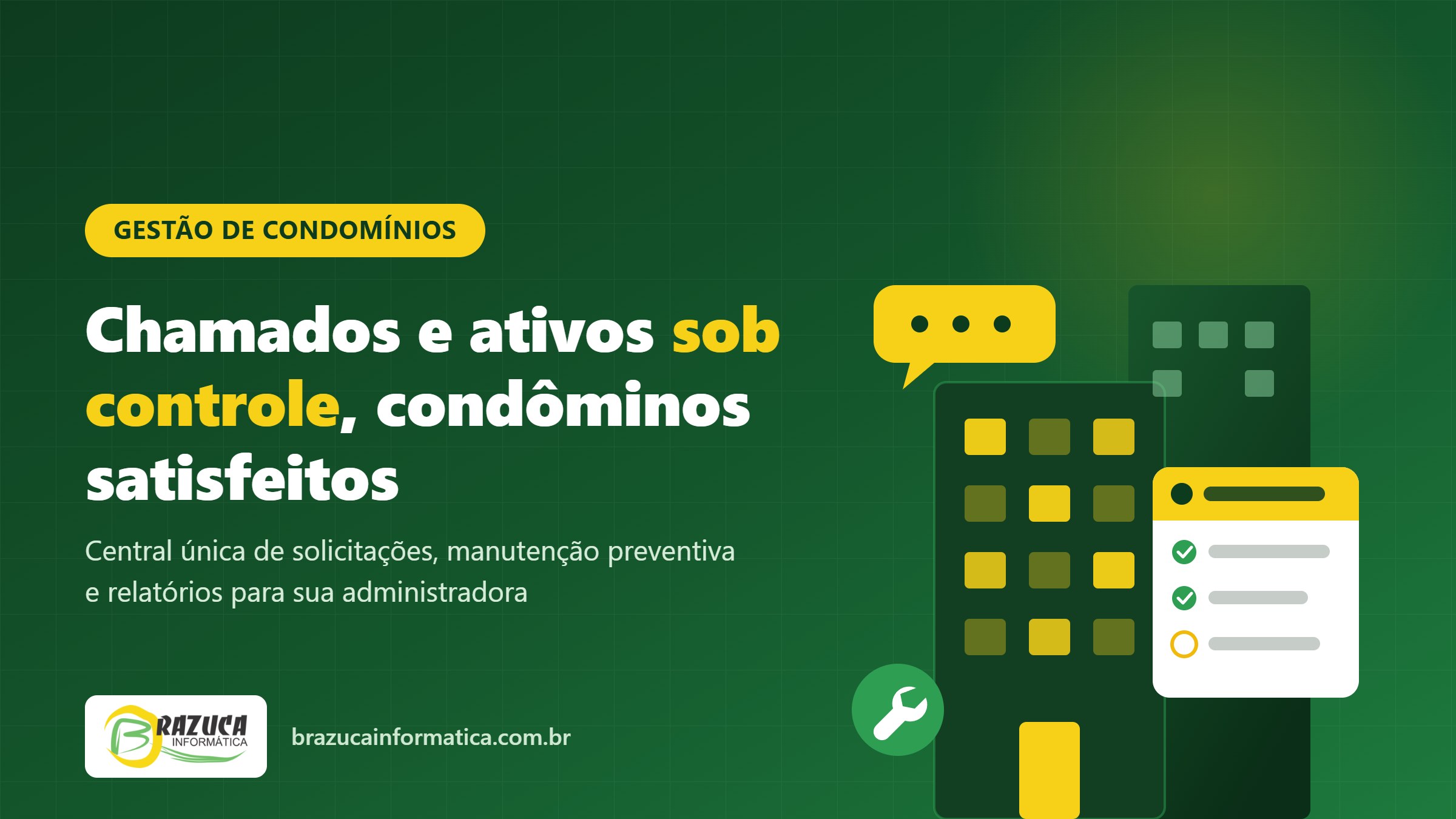 Ilustração de sistema de gestão de chamados e ativos para condomínios: prédio, central de solicitações e checklist de manutenção