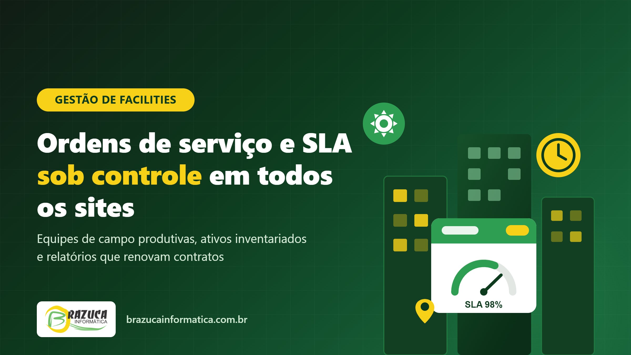 Ilustração de gestão de facilities: edifícios de clientes, painel de ordens de serviço com indicador de SLA e ícones de manutenção