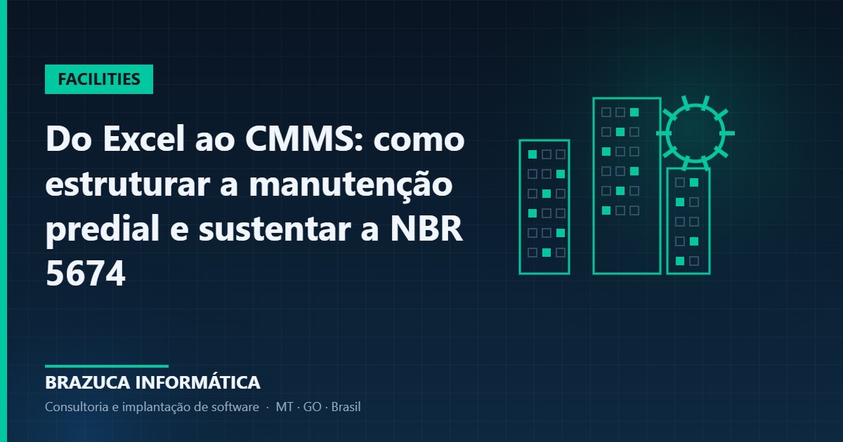 Ilustração de edifícios e engrenagem representando gestão de manutenção predial com CMMS